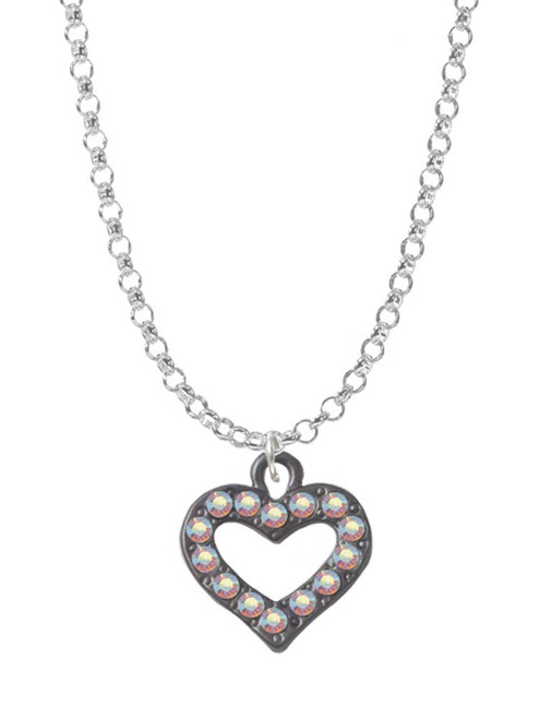 Black Nickel Plated AB Crystal Open Heart Charm Necklace