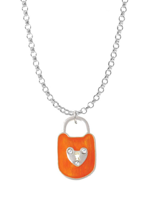 Hot Orange Enamel Lock with Clear Crystals Charm Necklace