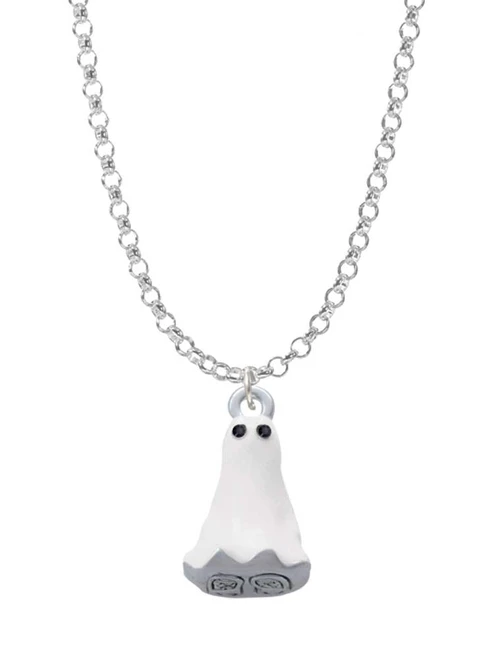 3-D White Ghost with Black Crystals Charm Necklace