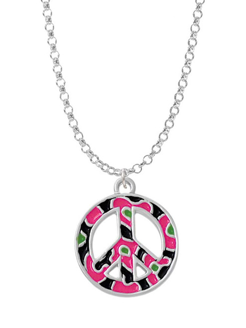 Large Hot Pink Cheetah Print Peace Sign Charm Necklace