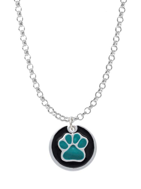 Teal Paw on Black Disc Charm Necklace