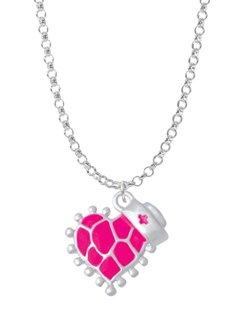 Hot Pink Giraffe Print Heart with Nurse Hat Charm Necklace