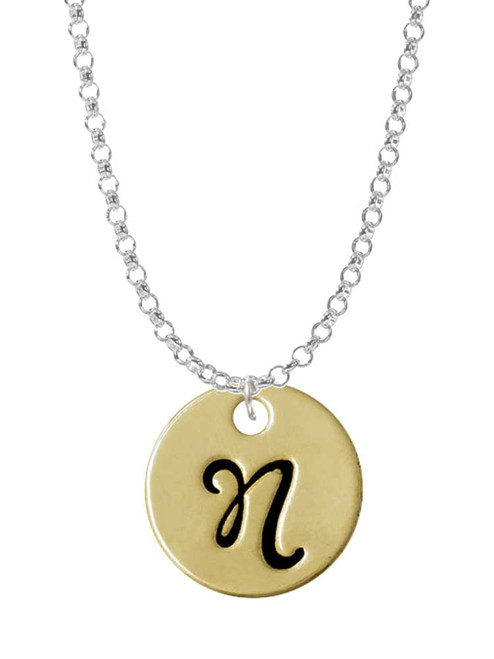 Large Gold Tone Disc Letter - N - 3/4'' Charm Necklace