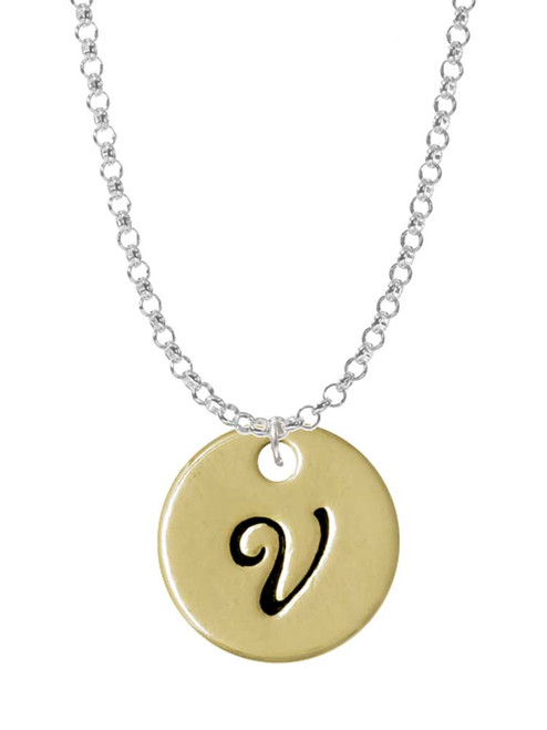 Large Gold Tone Disc Letter - V - 3/4'' Charm Necklace