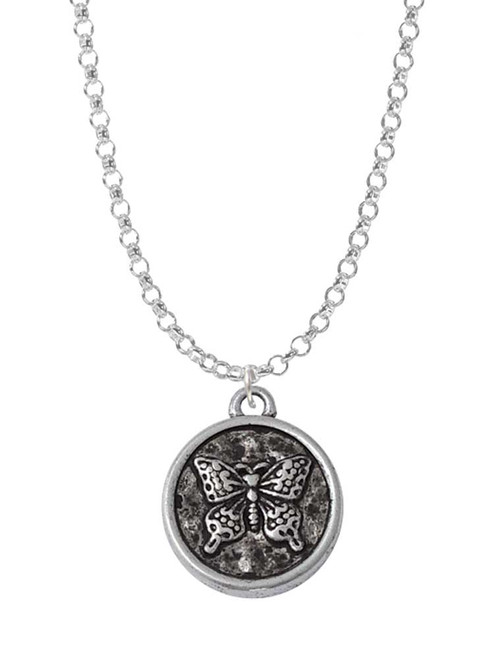 Antiqued Round Seal - Butterfly Charm Necklace