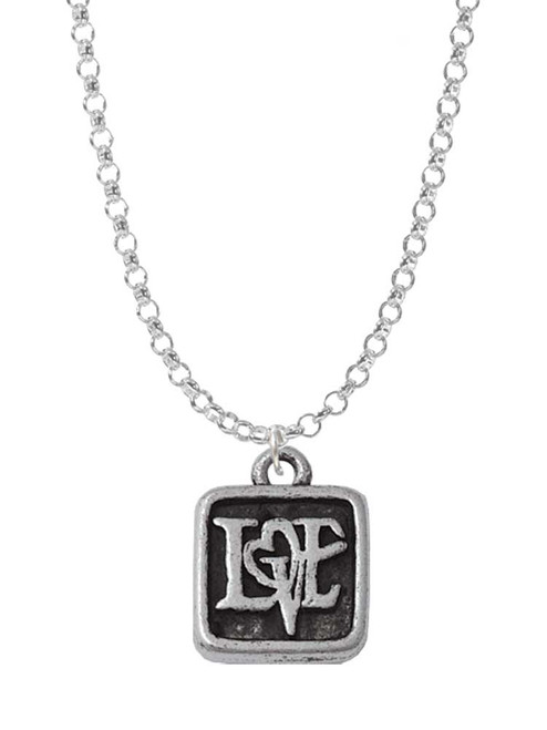 Antiqued Square Seal - Love with Heart Charm Necklace