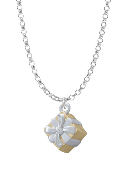 3-D Gold Tone Present with Crystal Charm Necklace