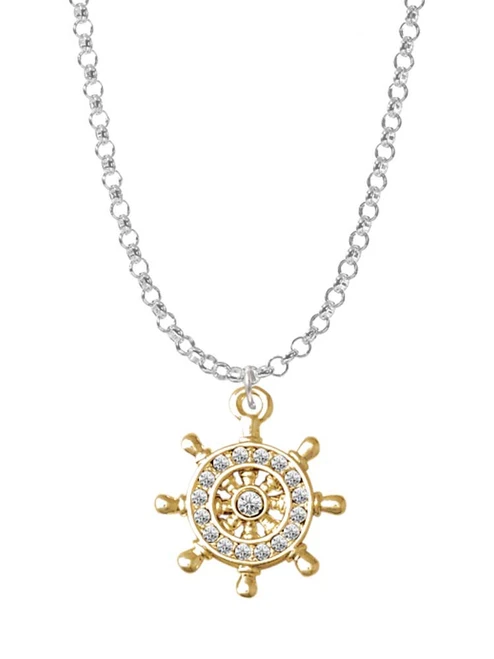 Gold Tone Crystal Ship Wheel Charm Necklace