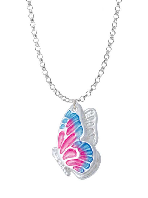 Large Translucent Hot Pink & Blue Flying Butterfly Charm Necklace