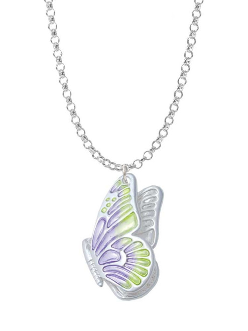 Large Translucent Purple & Lime Green Flying Butterfly Charm Necklace