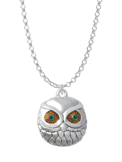Large Round Owl with Green Crystal Eyes Charm Necklace