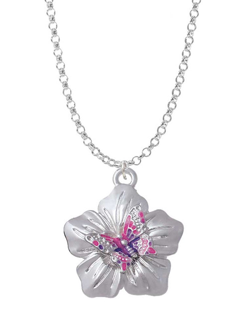 Pink & Purple Butterfly on Large Flower Charm Necklace