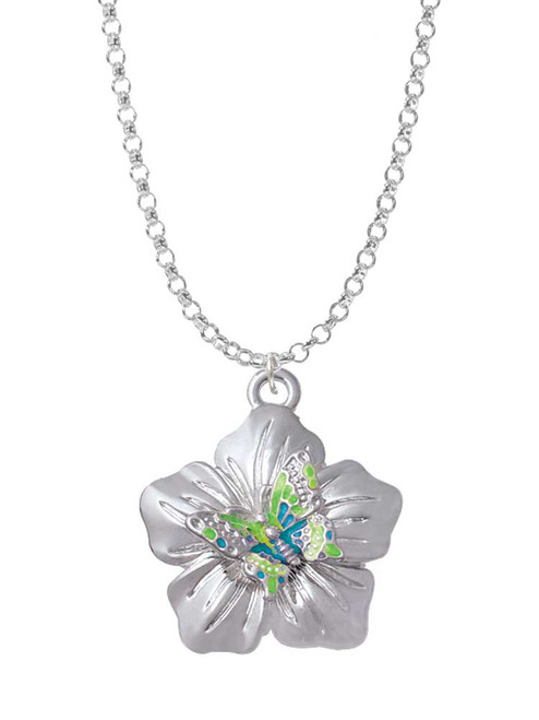 Lime Green & Hot Blue Butterfly on Large Flower Charm Necklace