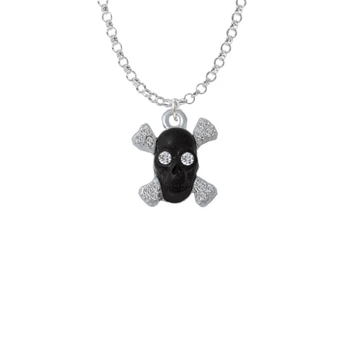 Small Black Resin Skull with Clear Crystals Charm Necklace