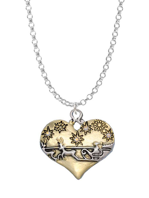 Large Flying Santa on Gold Tone Heart Charm Necklace