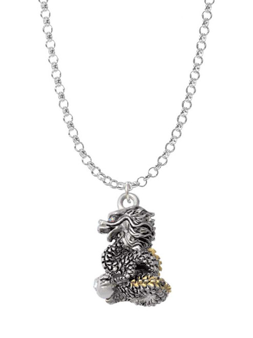 Dragon with Gold Tone Scales and Crystals Charm Necklace