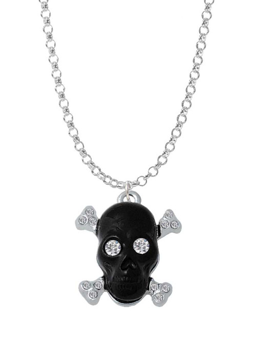 Large Black Resin Skull with Clear Crystals Charm Necklace