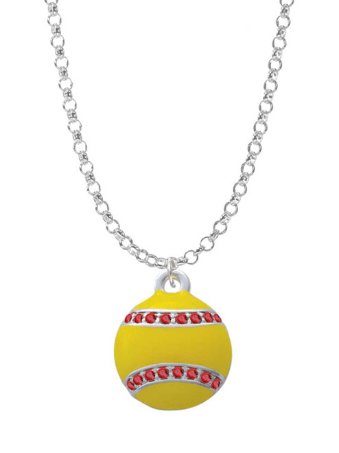 Optic Yellow Softball with Red Crystal Stitching Charm Necklace
