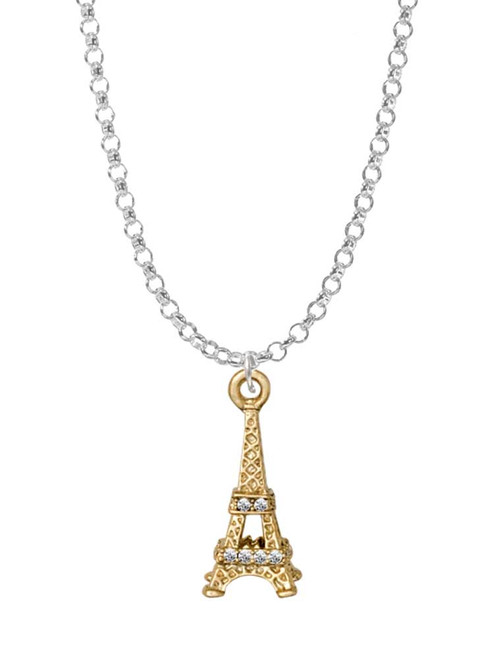 Gold Tone Crystal Eiffel Tower Charm Necklace