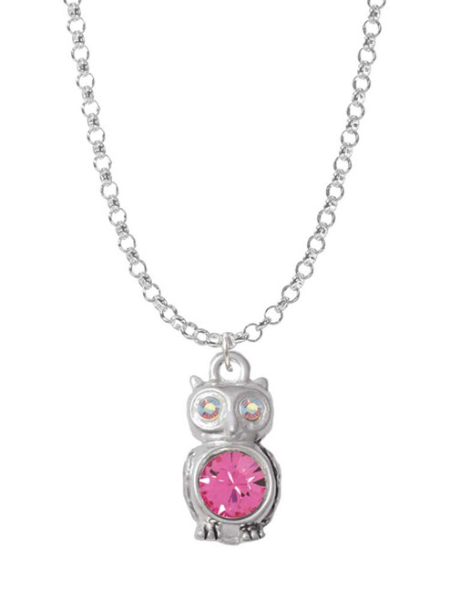3-D Hot Pink & AB Crystal Owl Charm Necklace