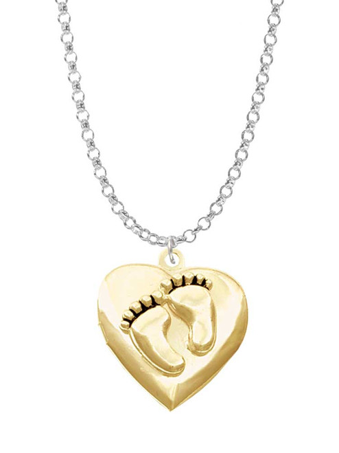Gold Tone Baby Feet Heart Locket Charm Necklace