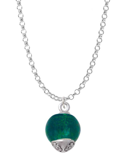 12mm Teal Roller Spinner with Silver Tone Lining Glass Spinner Charm Necklace
