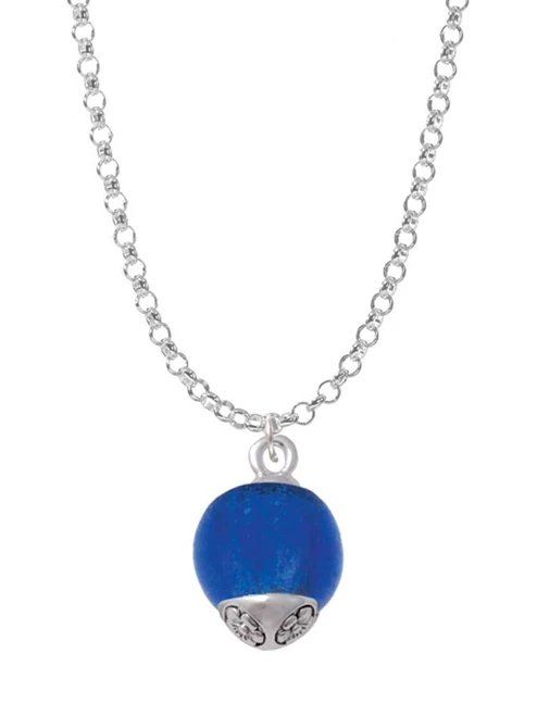 12mm Capri Blue Roller Spinner with Silver Tone Lining Glass Spinner Charm Necklace