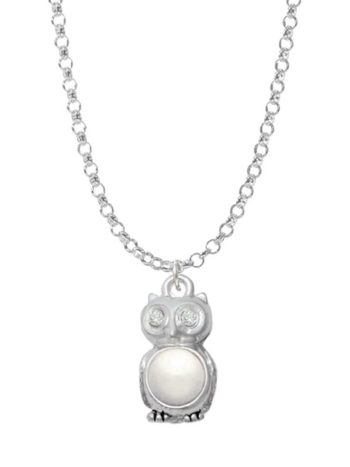 3-D Imitation Pearl & Clear Crystal Owl Charm Necklace