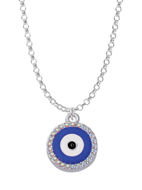 Large Blue Evil Eye with AB Crystal Border Charm Necklace