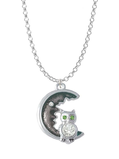 Large Crystal Owl Sitting on Black Moon Charm Necklace