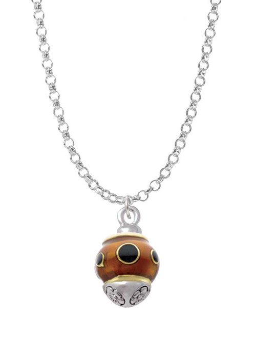 Wide Black Dots on Translucent Brown - Gold Tone Spinner Charm Necklace
