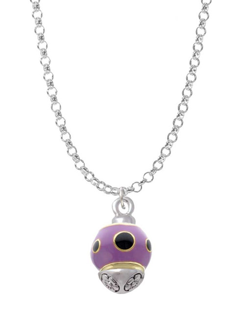 Wide Black Dots on Purple - Gold Tone Spinner Charm Necklace