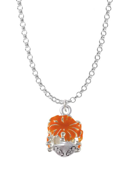 Hot Orange Hibiscus Flowers Spinner Charm Necklace