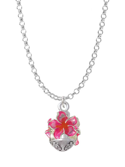 Hot Pink and Orange Plumeria Flowers Spinner Charm Necklace