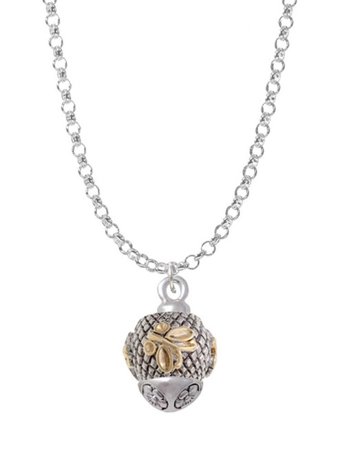 Gold Tone Butterfly on Silver Tone Hatched Background Spinner Charm Necklace
