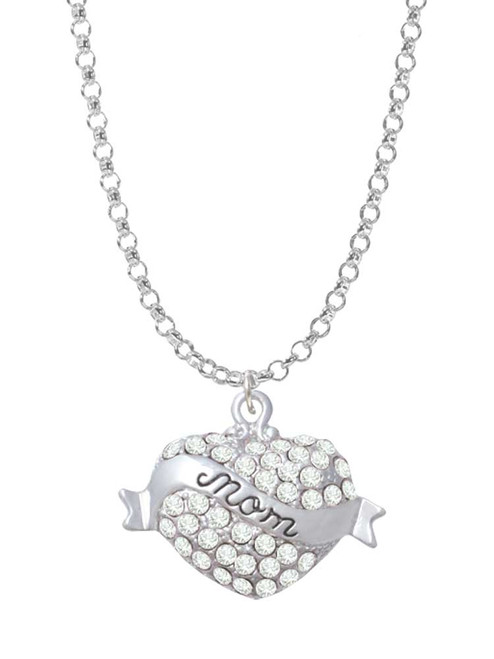 Mom Banner on Clear Crystal Heart Charm Necklace