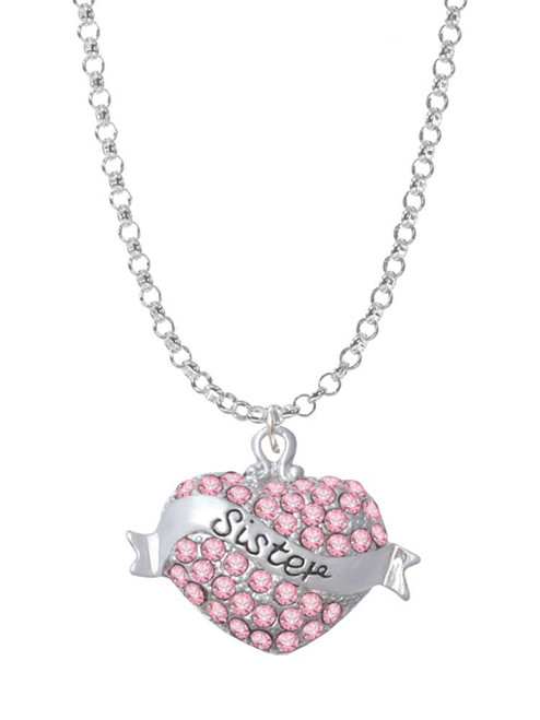 Sister Banner on Pink Crystal Heart Charm Necklace