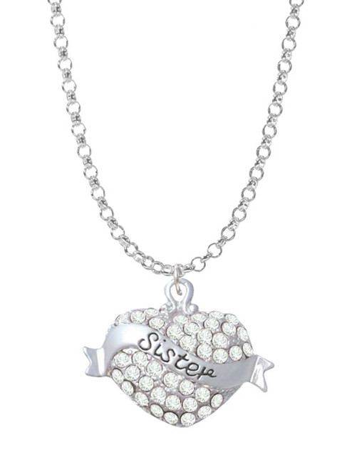 Sister Banner on Clear Crystal Heart Charm Necklace