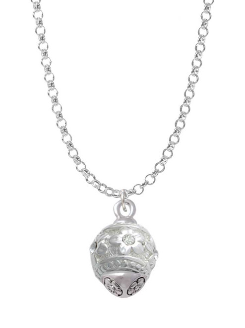 Raised Silver Tone Flowers with Clear Crystals on Barrel Spinner Charm Necklace