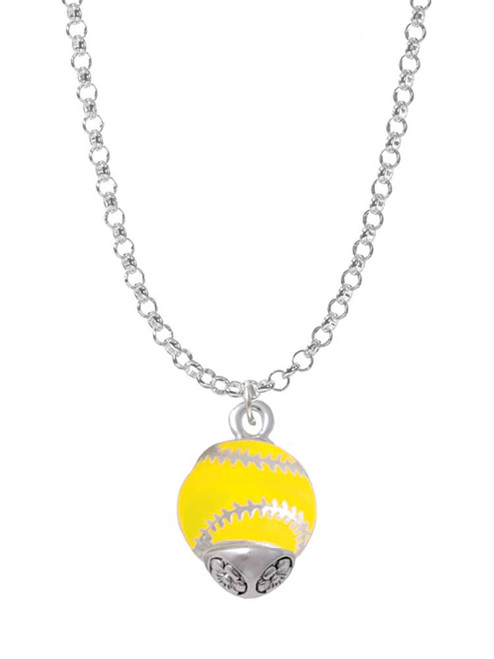 Yellow Softball with Silver Tone Stitching Spinner Charm Necklace