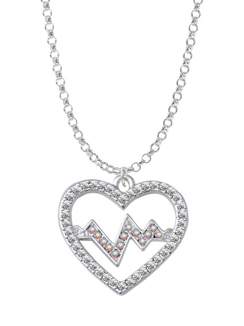 Large Clear Crystal Heart with AB Crystal Heartbeat Charm Necklace