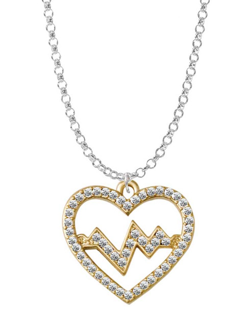 Gold Tone Large Crystal Heart - Heartbeat Charm Necklace