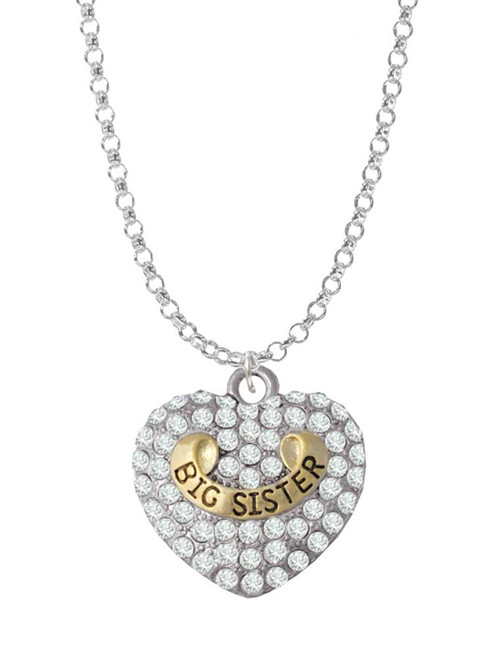 Gold Tone Big Sister Rock on Clear Crystal Heart Charm Necklace