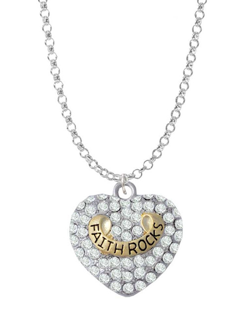 Gold Tone 'Faith Rocks' on Clear Crystal Heart Charm Necklace