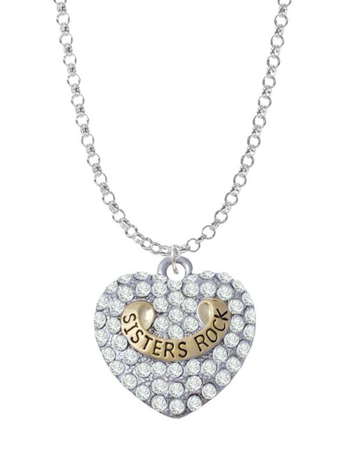 Gold Tone Sisters Rock on Clear Crystal Heart Charm Necklace