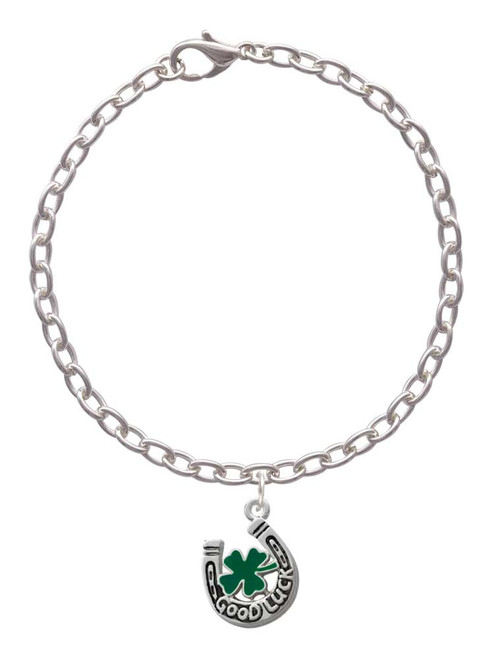 Good Luck Horseshoe with Green Four Leaf Clover Charm Bracelet