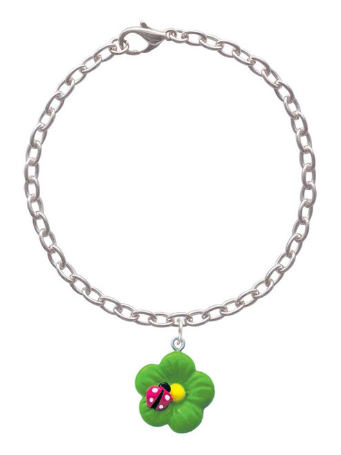 Resin Lime Green Daisy Flower with Hot Pink Ladybug Charm Bracelet