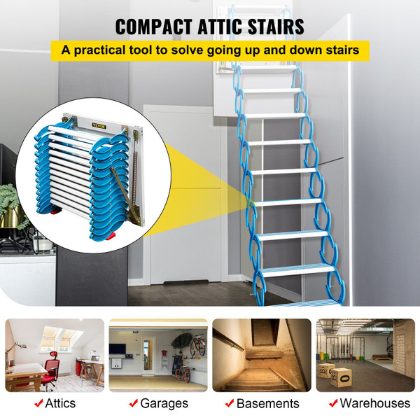 VEVOR Attic Steps Pull Down 12 Steps Attic Stairs, Alloy Attic Access Ladder, Blue Pulldown Attic Stairs, Wall-mounted Folding Stairs for Attic, Retractable Attic Ladder with Armrests, 9.8 feet Height