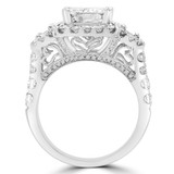 3 3/5 CTW Cushion Lab Created Diamond  Vintage Split-shank Three-stone Halo Engagement Ring in 18K White Gold with Heart Decal Profile (MD250289)