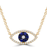 1/3 CTW Round Blue Sapphire  & Round Diamond Symbolic Halo Evil Eye Necklace in 18K Yellow Gold (MD250350)